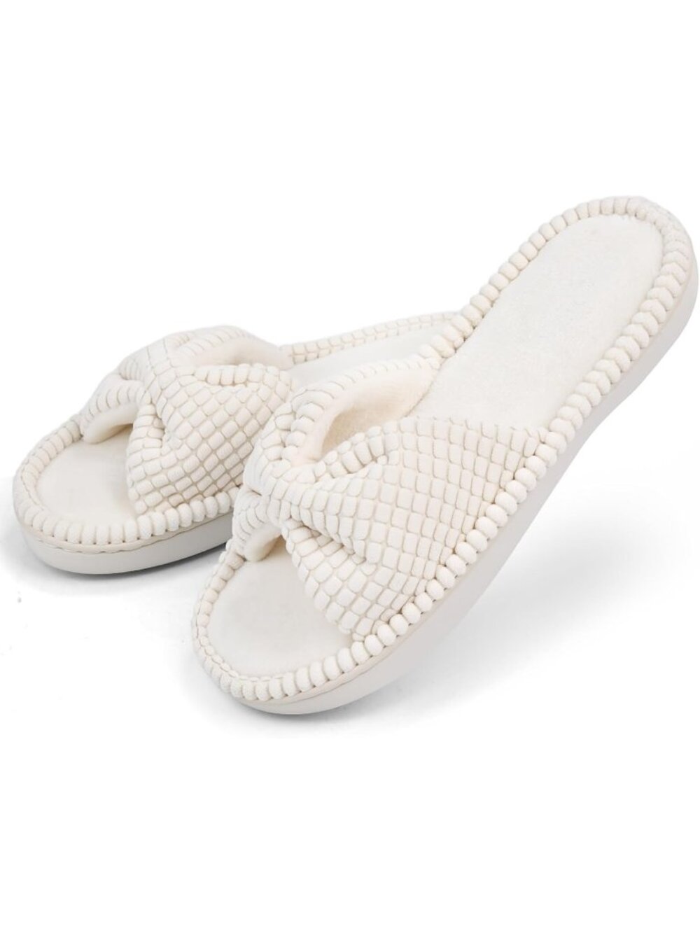 Women's White Memory Foam Open Toe Slide Slippers with Cute Bow and Slip-on
